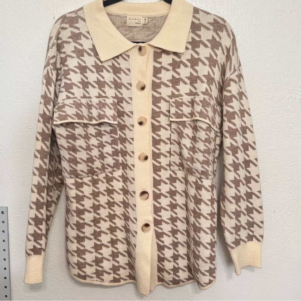 Dreamers By Debut Button Front Cardigan Houndstooth Pattern Cream Tan xs - Picture 3 of 8